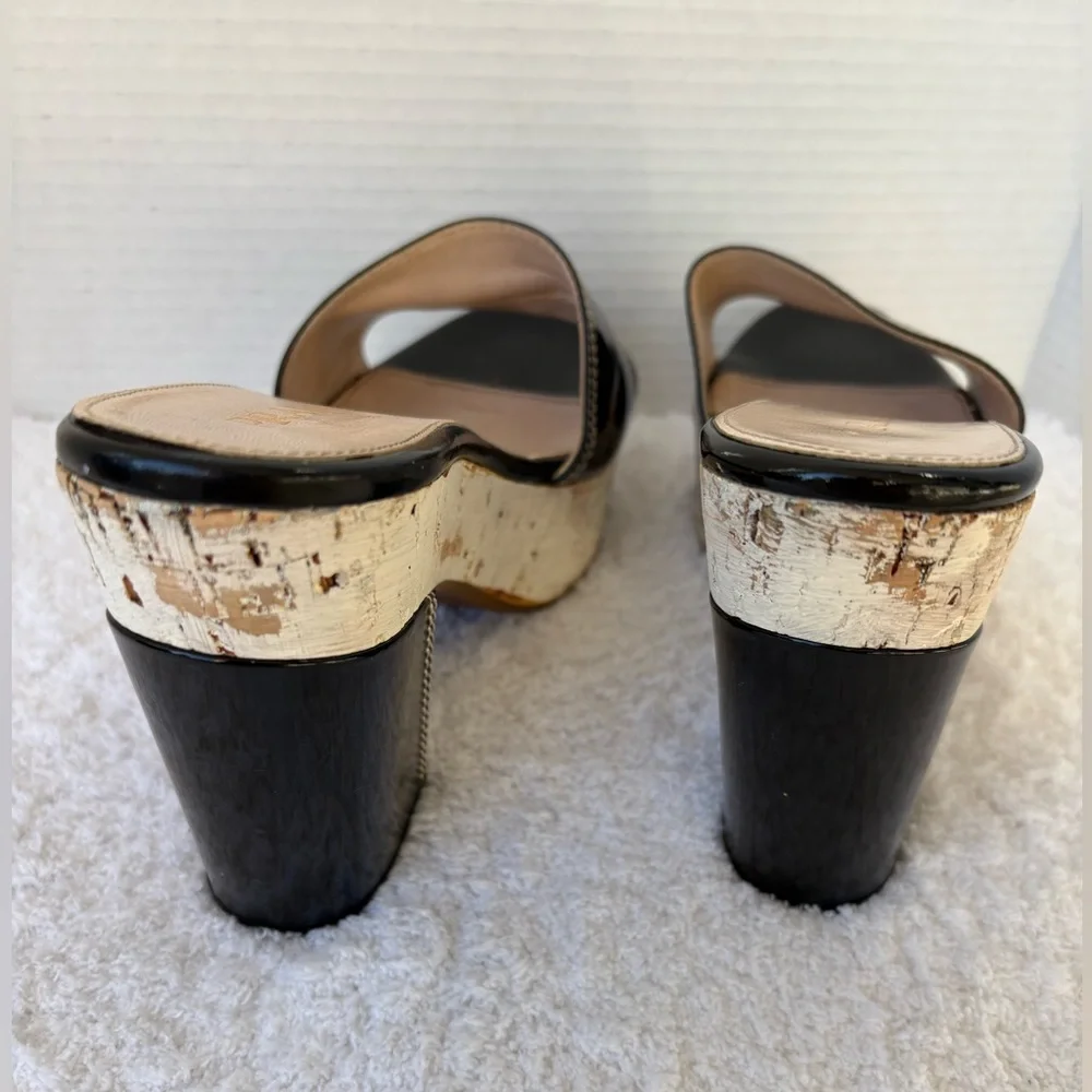 Prada Block Heels Black Patent Leather Cork Platform Slides Size EU 39.5 US 9.5